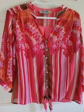FIGUEIRO Blouse - Pink Red Striped Tie-Front Women's Top